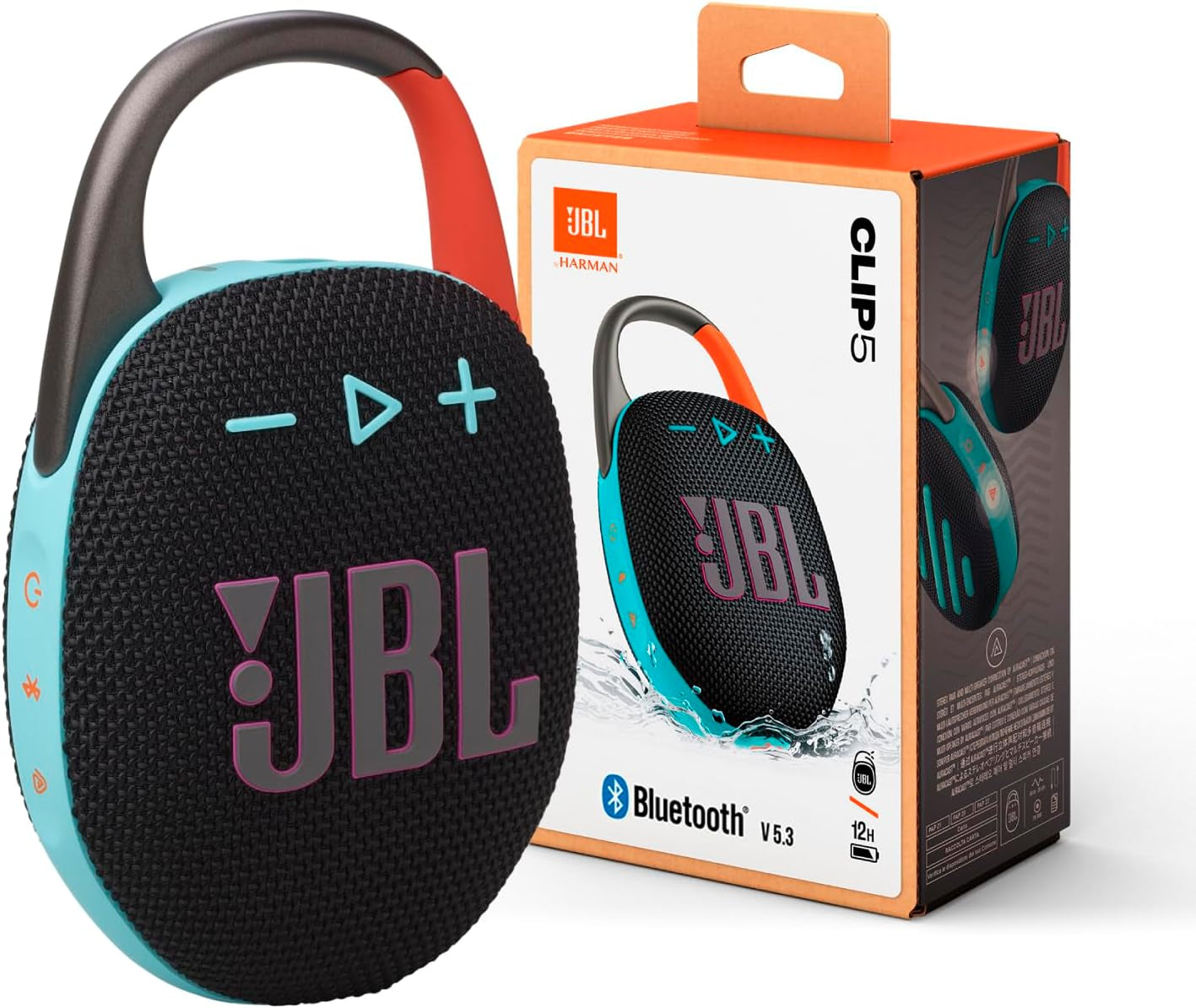 JBL Clip 5 - Ultra-Portable,Waterproof & Dustproof Bluetooth Speaker,Big Pro Sound with Punchy bass,Integrated Carabiner,Up to 12 Hours of Play,Made in Part with Recycled Materials(Black & Orange)