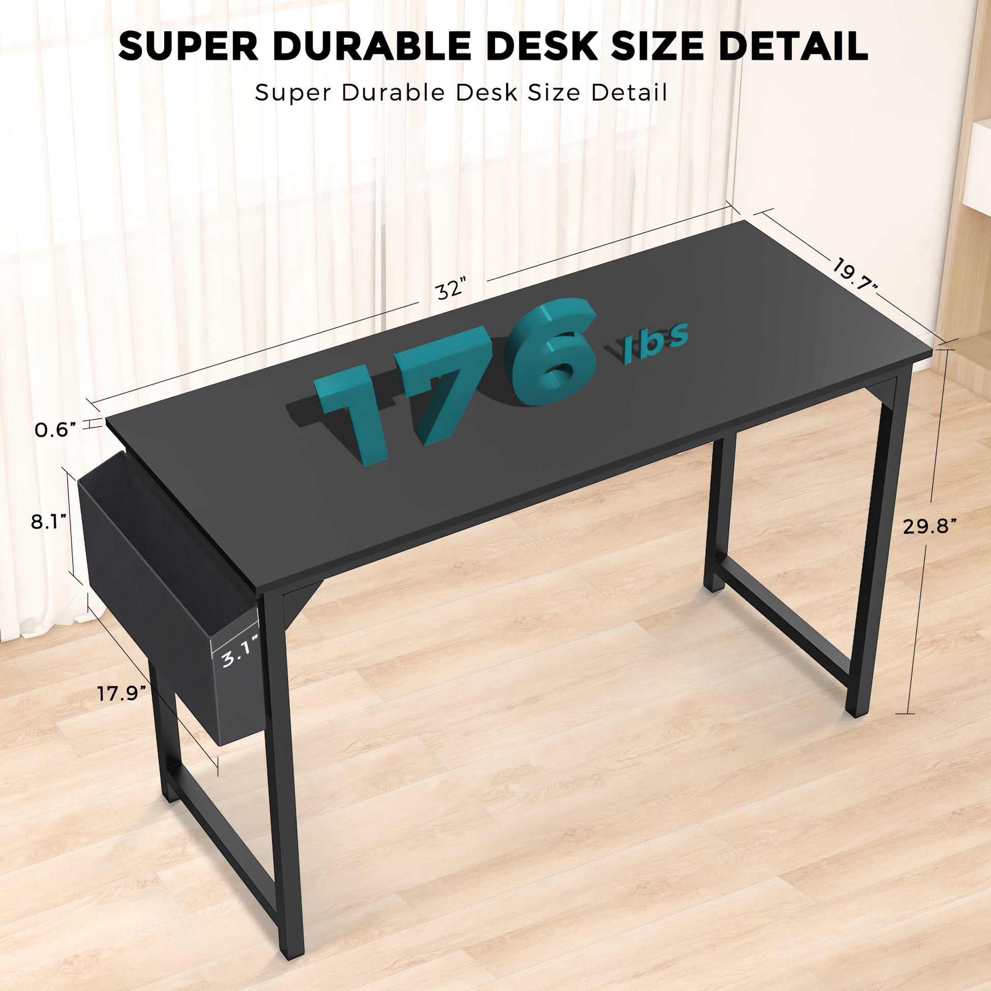 Small Computer Desk 31 Inch Writing Desk with Storage Bag Iron Hook Metal Frame for Home, Black