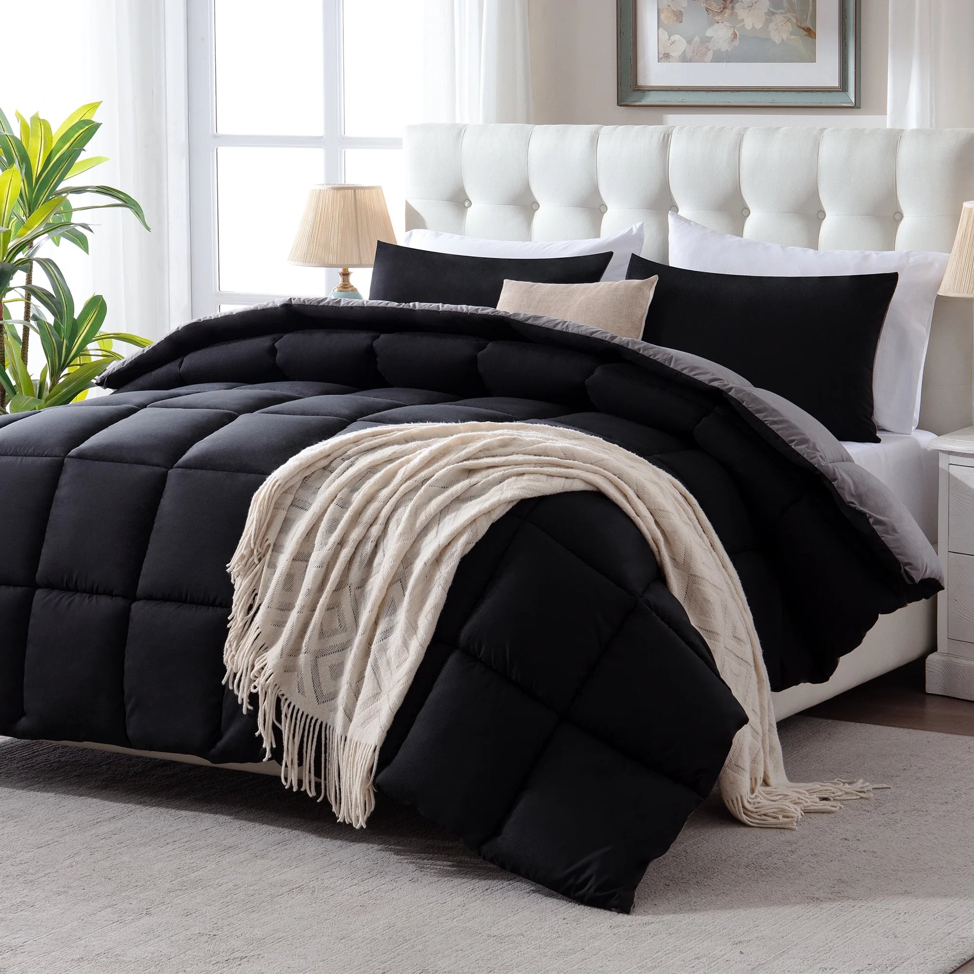 Yalamila WhatsBedding 3 Pieces Bed in a Bag Comforter Set Duvet Insert,Reversible,Black/Grey,Queen