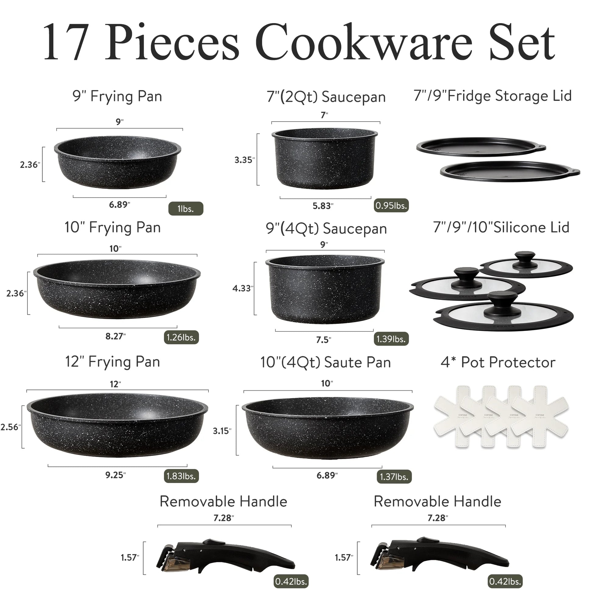 CAROTE 17pcs Nonstick Cookware Set, Granite Non Stick Pots and Pans Set with Removable Handle, Black