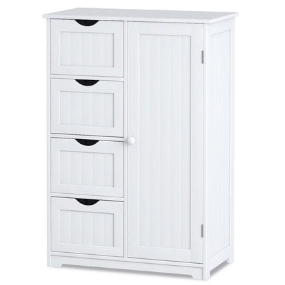 Costway Bathroom Storage Wooden 4 Drawer Cabinet Cupboard 2 Shelves Free Standing White