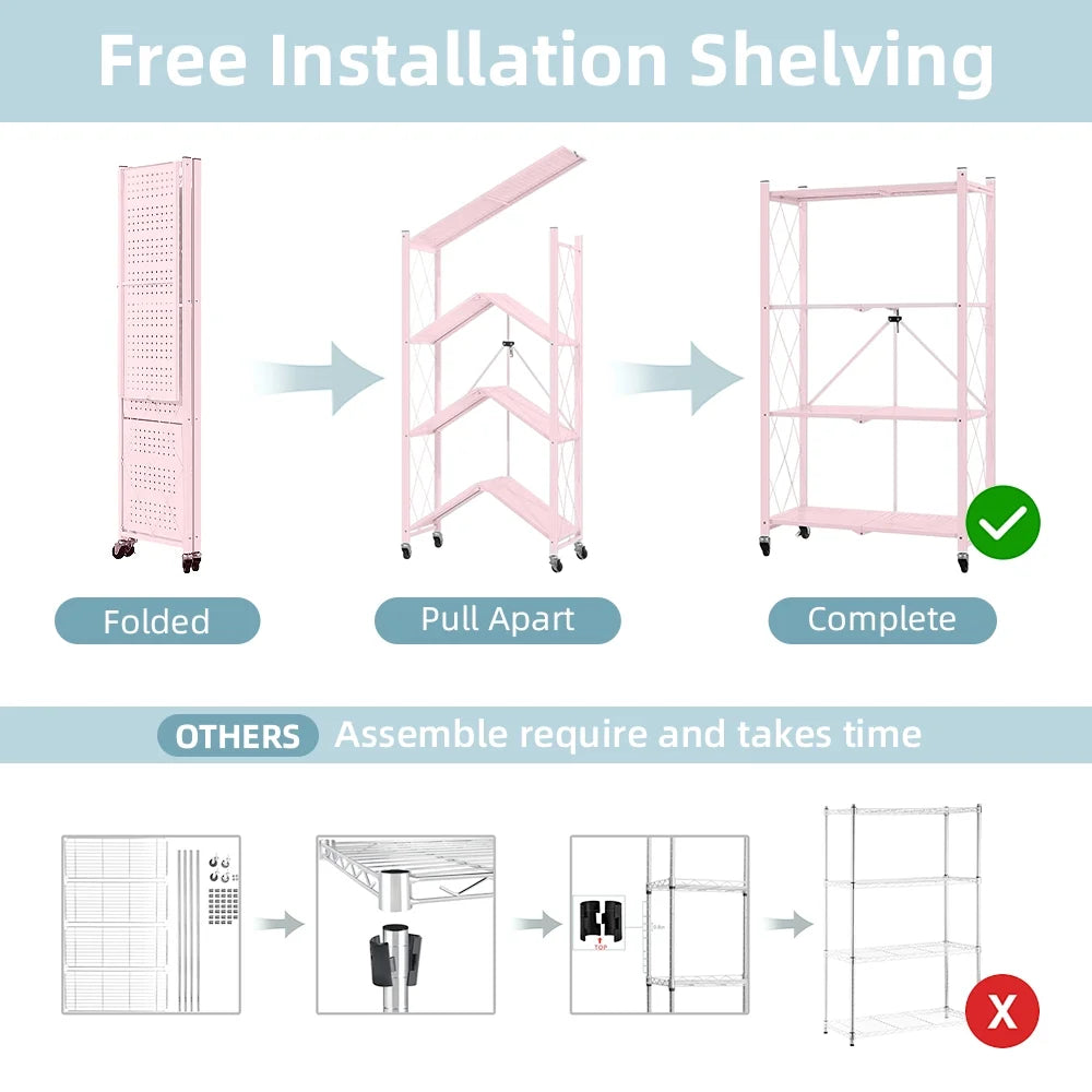 COOKCOK 4-Tier Storage Shelving Unit, Metal Shelf, Foldable Storage Shelf with Wheels, 27.9"x13.4"x49.72" Garage Shelf, Kitchen Shelf with 4 Hooks, No Assemble Require, Pink