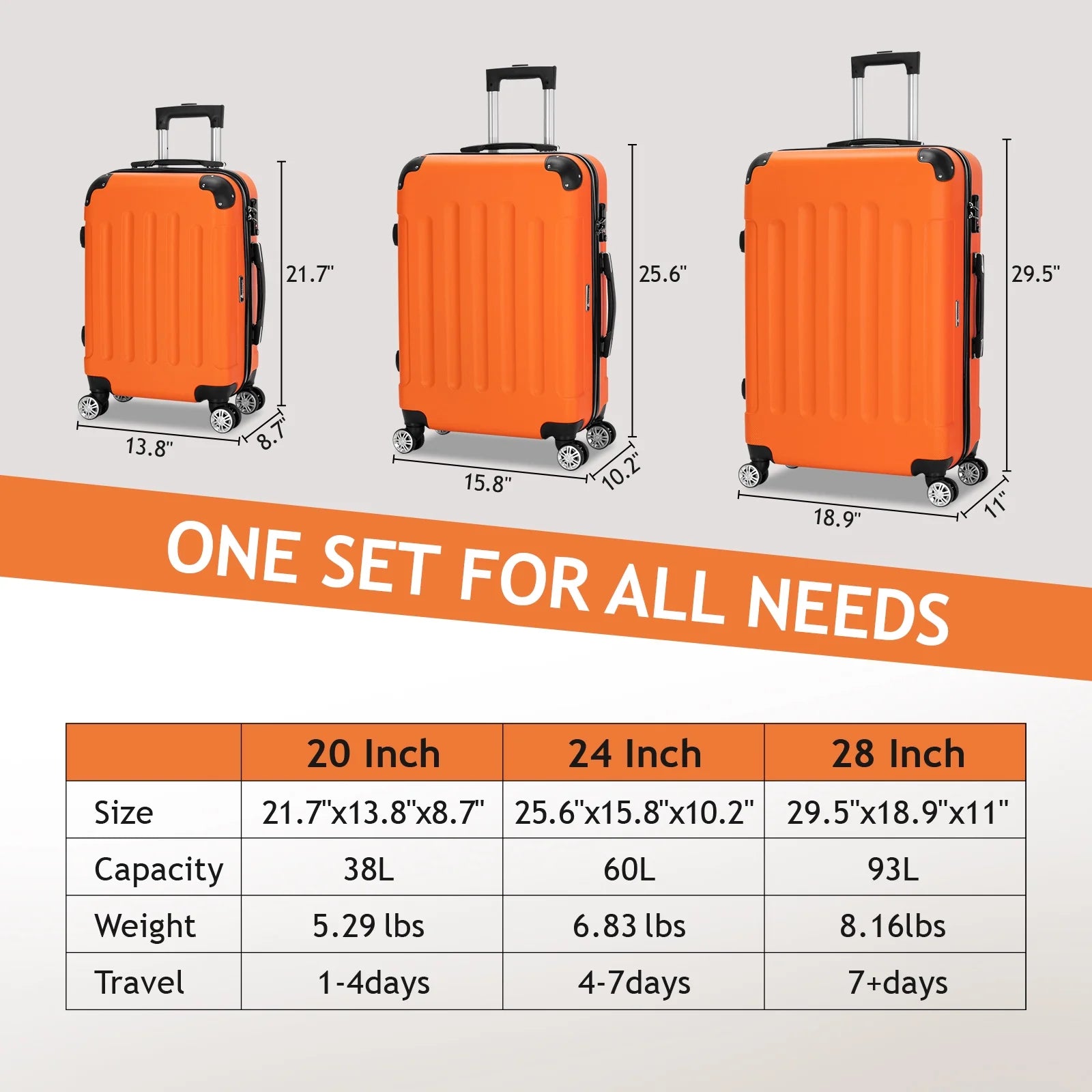 Zimtown Hardside Lightweight Spinner Orange 3 Piece Luggage Set with TSA Lock