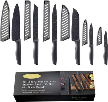 Marco Almond KYA39 12-Piece Black Kitchen Knife Set, Black Chef Knives with Sharp Blades,Blade Guards,Stainless Steel,Dishwasher Safe