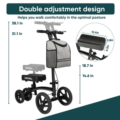 COSYWILL Steerable Knee Scooter,Economy Knee Walker,All Terrain Foldable Medical Scooter for Foot Injuries Crutches Alternative,Black