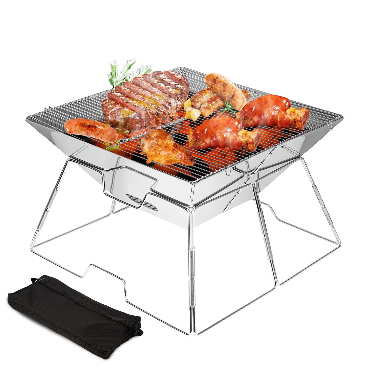 WYRAVIO Portable Charcoal Grill, Lightweight Foldable Barbecue Grill for Cooking Camping Hiking Picnic Party, Silver