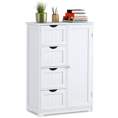 Costway Bathroom Storage Wooden 4 Drawer Cabinet Cupboard 2 Shelves Free Standing White