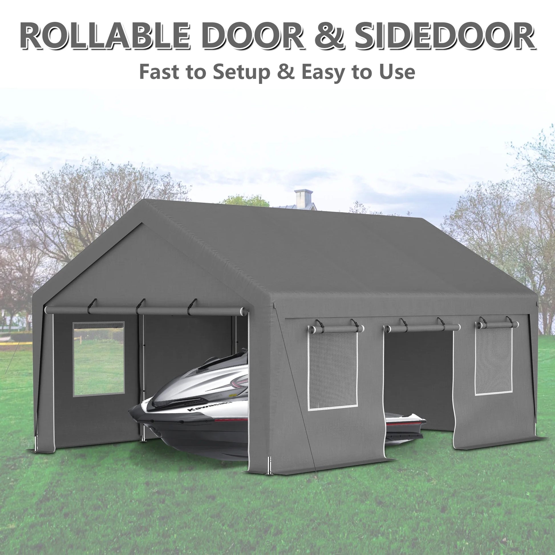 LZBEITEM Carport, 13' x 20' Heavy Duty Carport with Roll-up Sidewall and Ventilated Windows, Portable Outdoor Garage for Car, Truck, SUV, Boat, Car Canopy with All-Season Tarp, Gray, Height 9.8'