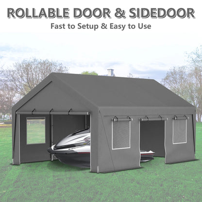 LZBEITEM Carport, 13' x 20' Heavy Duty Carport with Roll-up Sidewall and Ventilated Windows, Portable Outdoor Garage for Car, Truck, SUV, Boat, Car Canopy with All-Season Tarp, Gray, Height 9.8'