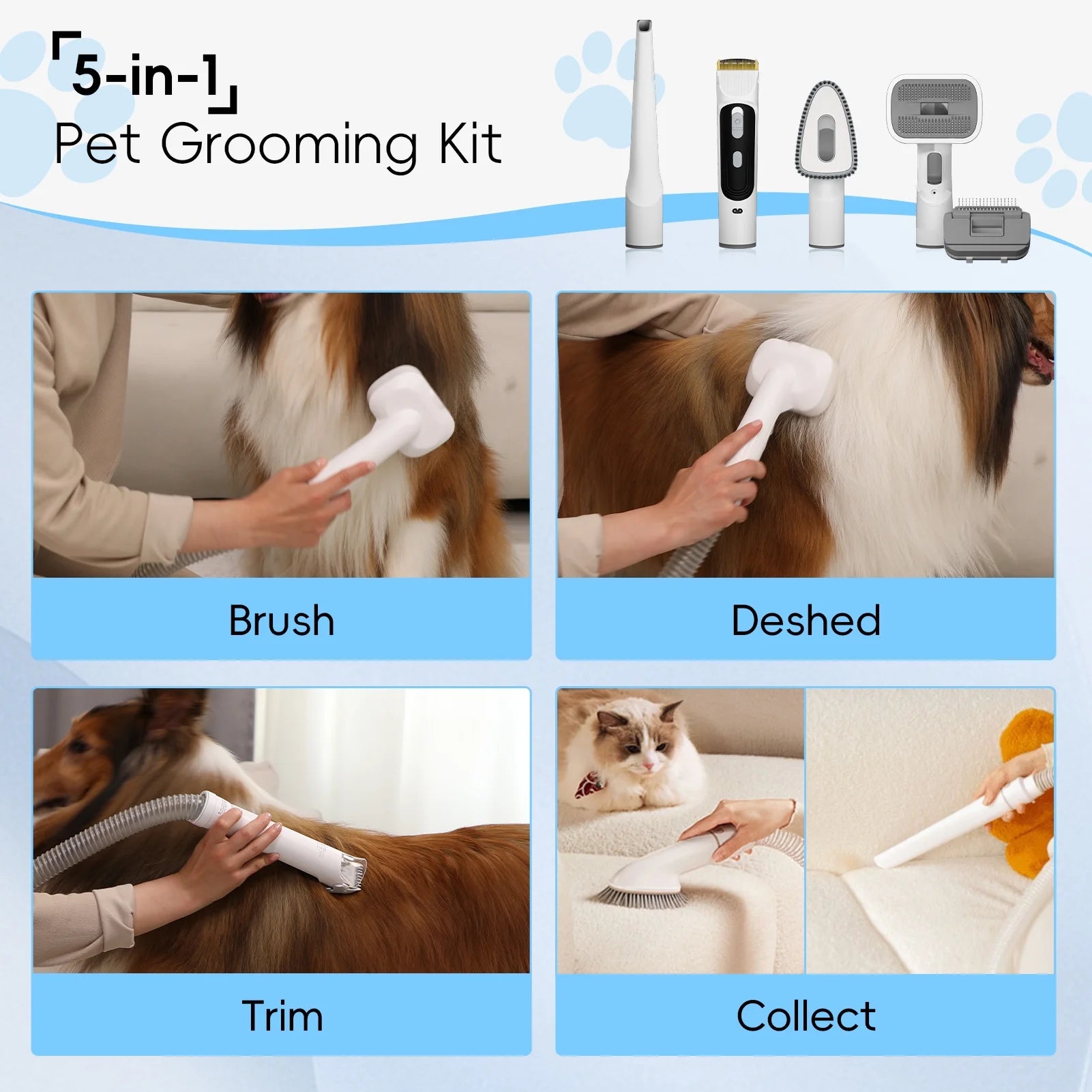 WHALL Pet Grooming Vacuum, Dog Hair Vacuum with 3 Modes, 5 In 1 Kit, 3L Large Dustbin, Low Noise