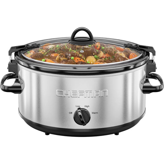 Chefman 6 Qt. Slow Cooker w/ Locking Lid and Three Heat Settings - Stainless Steel, New