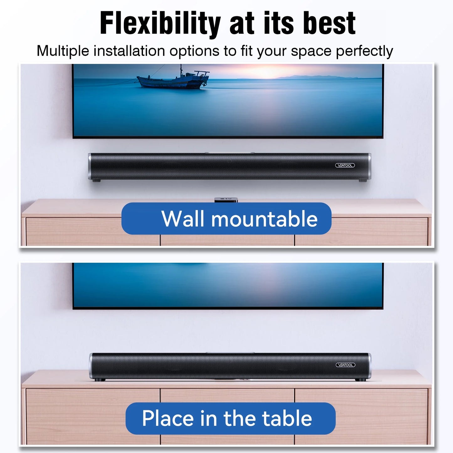 VEAT00L 2.1ch Sound Bars for TV, Soundbar with Subwoofer, Wired & Wireless Bluetooth 5.0 3D Surround Speakers, Optical/HDMI/AUX/RCA/USB Connection, Wall Mountable, Remote Control