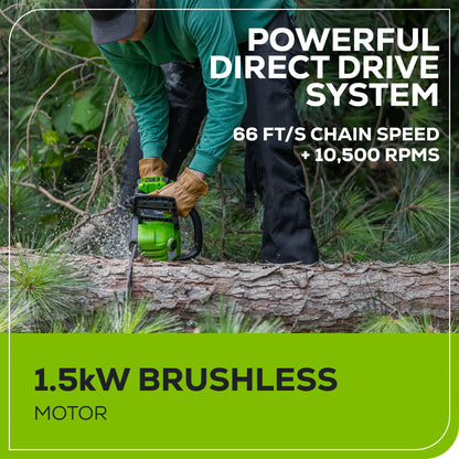 Greenworks 60V 16" 1.5kW Brushless Chainsaw with 2.5 Ah Battery & 3 Amp Charger + Bonus Chain