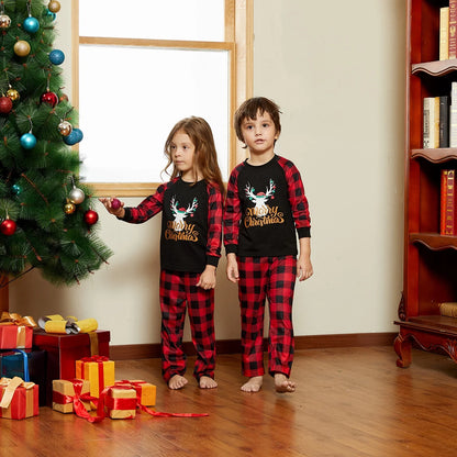 PatPat Merry Christmas Pajamas Letter Antler Print Plaid Splice Women Family Matching Pajamas Sets for Baby Kids Girls Boys, Red Plaid, 4-5 Years