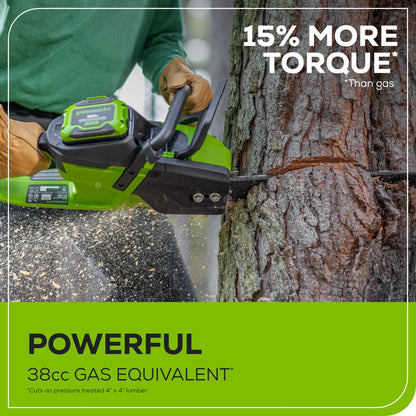 Greenworks 60V 16" 1.5kW Brushless Chainsaw with 2.5 Ah Battery & 3 Amp Charger + Bonus Chain