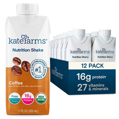 Kate Farms Organic Vegan Nutrition Shake, Coffee, 16g Protein, 27 Vitamins and Minerals, Meal Replacement Drinks, Protein Shake, 11 fl oz (12 Pack)