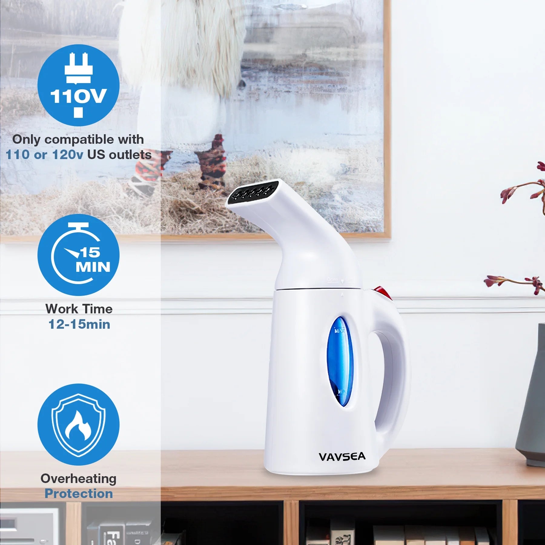 VAVSEA Steamer for Clothes, 700w Portable Garment Steamer, Auto Shut-off Function, Wrinkles/ Steam/ Soften/ Clean/ Sterilize, White