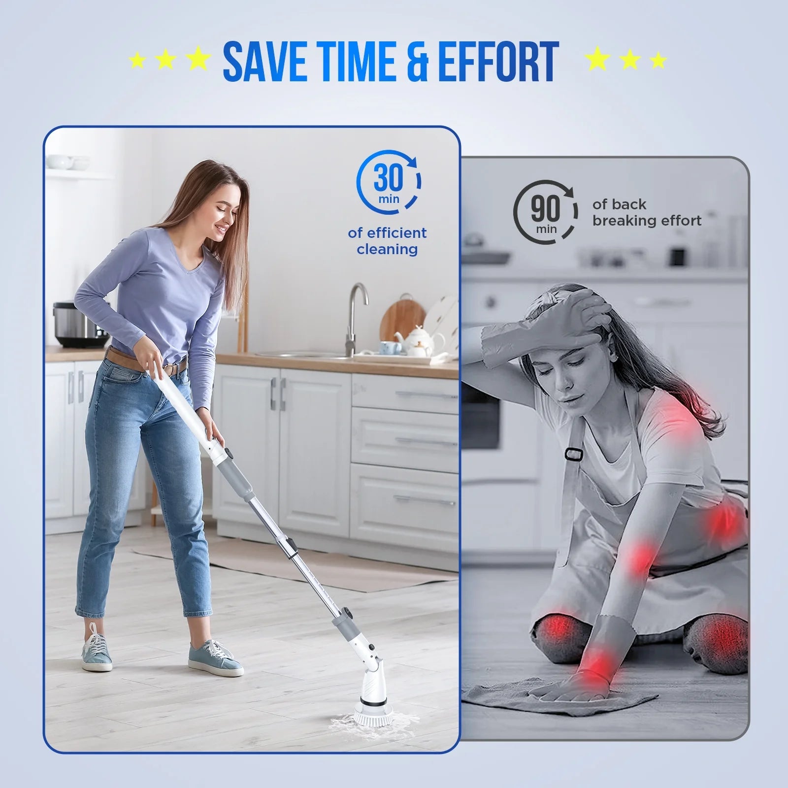 SZRSTH Electric Spin Scrubber - Cordless Cleaning Brush with 4 Heads & Extension Handle Power Shower Scrubber for Bathroom Kitchen Tile Floor