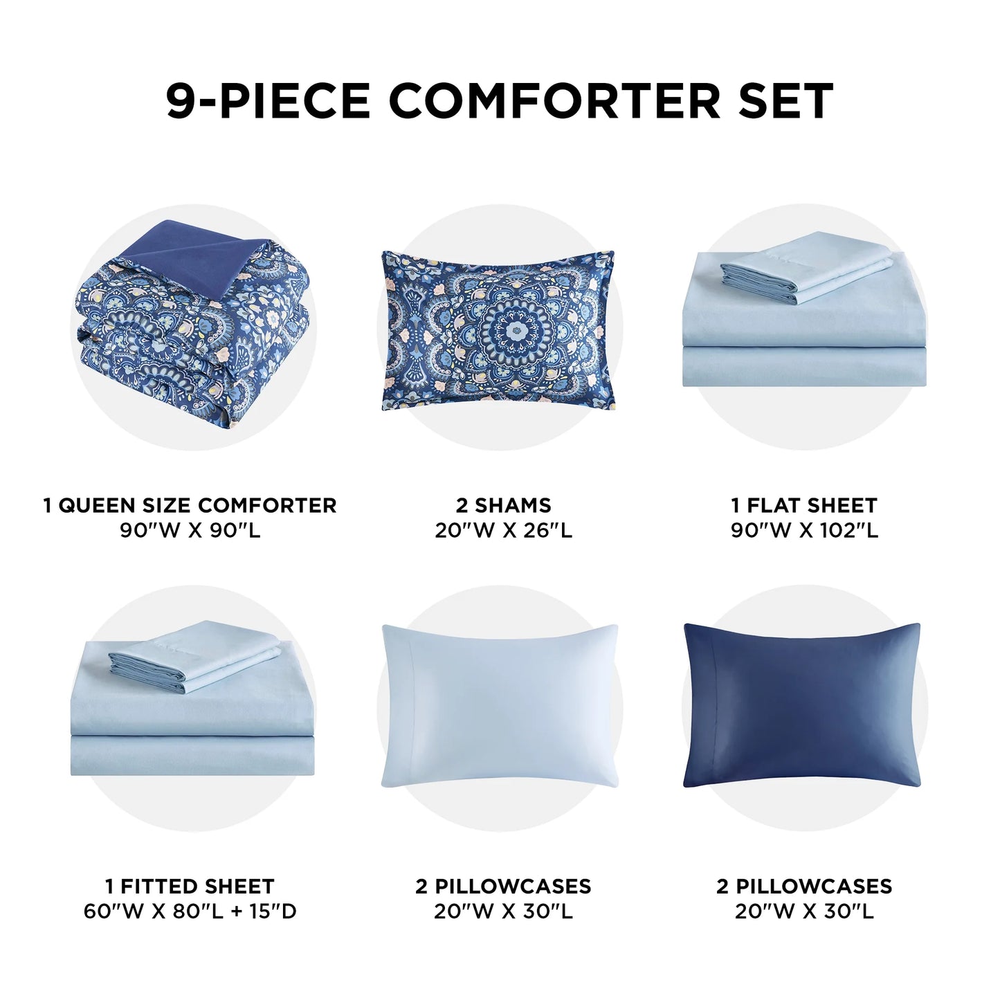 Comfort Spaces Queen Size Comforter Set, 9-Piece Bed in a Bag Queen, Navy Blue Bedding Comforter Set with Comforter, Flat Sheets, Fitted Sheets with Side Pockets