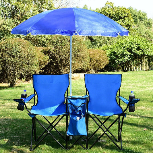 Costway Portable Folding Picnic Double Chair W/Umbrella Table Cooler Beach Camping Chair