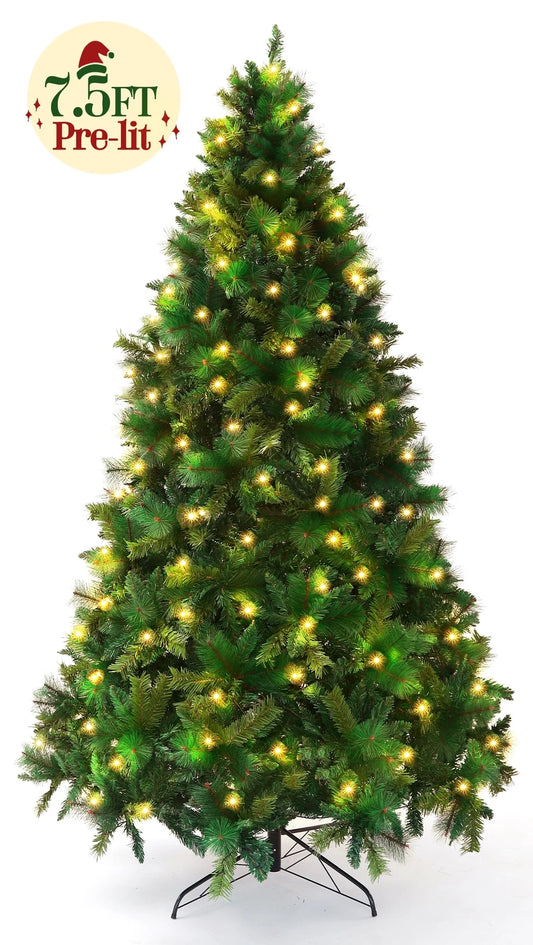 Posrue 7.5FT Pre-lit Artificial Full Christmas Tree, Green PVC Spruce Holiday Xmas Trees with 1600 Branch Tips & 400 Warm LED Lights