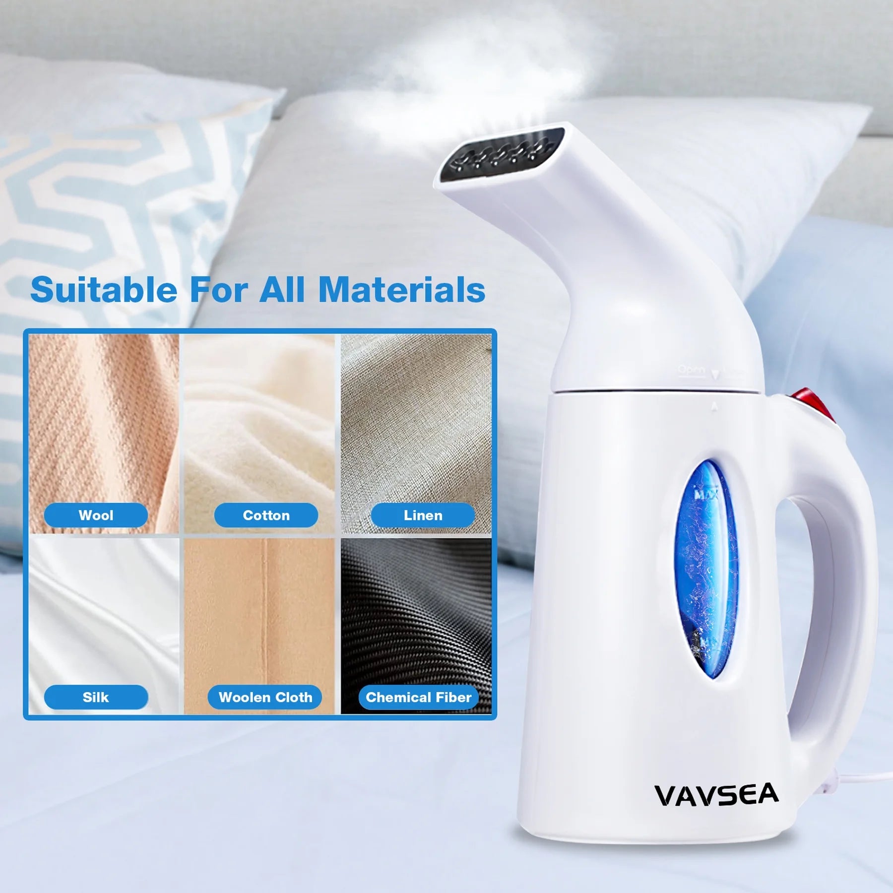 VAVSEA Steamer for Clothes, 700w Portable Garment Steamer, Auto Shut-off Function, Wrinkles/ Steam/ Soften/ Clean/ Sterilize, White