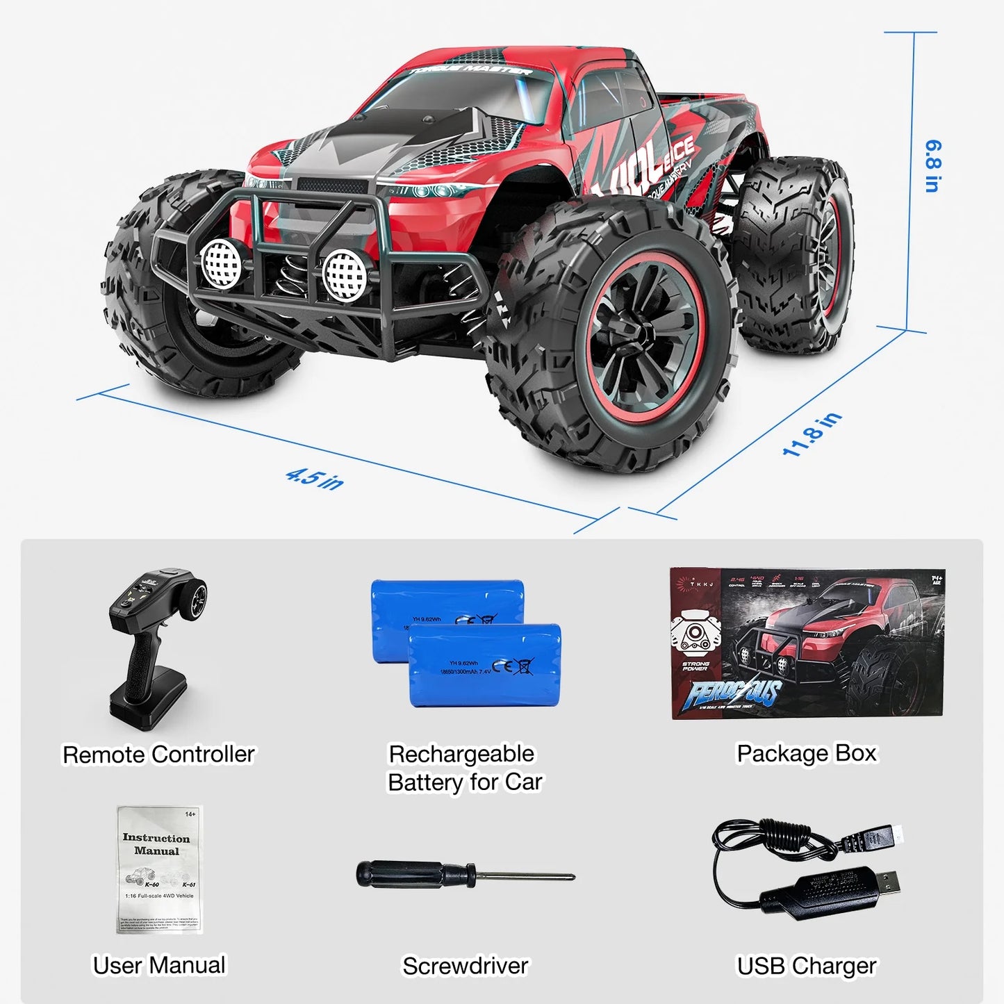 Remote Control Car 1:16 RC Cars , 4WD High Speed 30+ MPH off Road RC Vehicle Truck, All Terrains Electric Toy Trucks with Two Rechargeable Batteries for Boys Kids and Adults Red