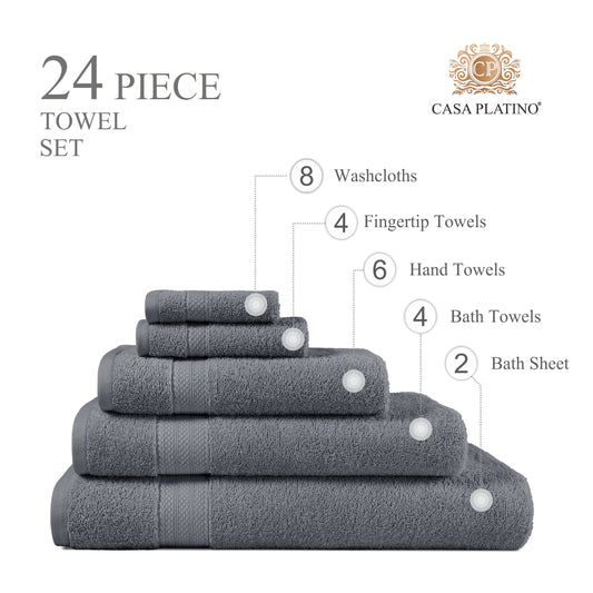 Casa Platino 24 Piece Premium Bath Towels Set, 100% Cotton Towels for Bathroom, Bath Towel and Washcloths Set and Hand Towels - Cool Grey