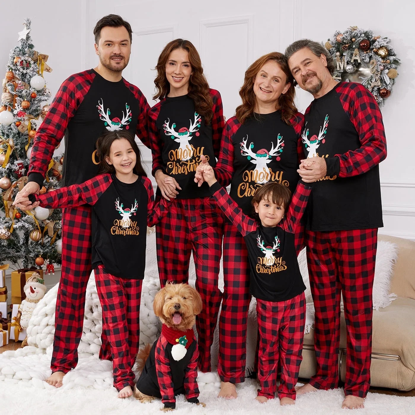 PatPat Merry Christmas Pajamas Letter Antler Print Plaid Splice Women Family Matching Pajamas Sets for Baby Kids Girls Boys, Red Plaid, 4-5 Years