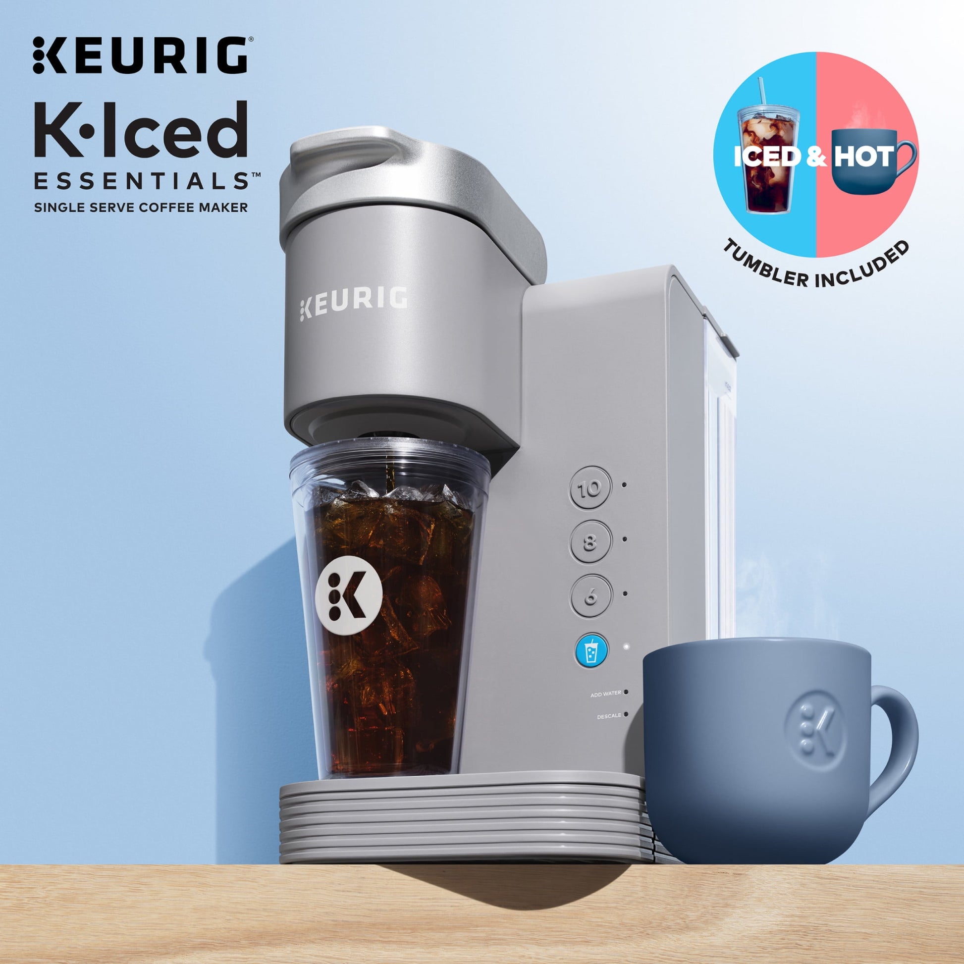 Keurig K-Iced Essentials, Gray Iced and Hot Single-Serve K-Cup Pod Coffee Maker, reusable tumbler included