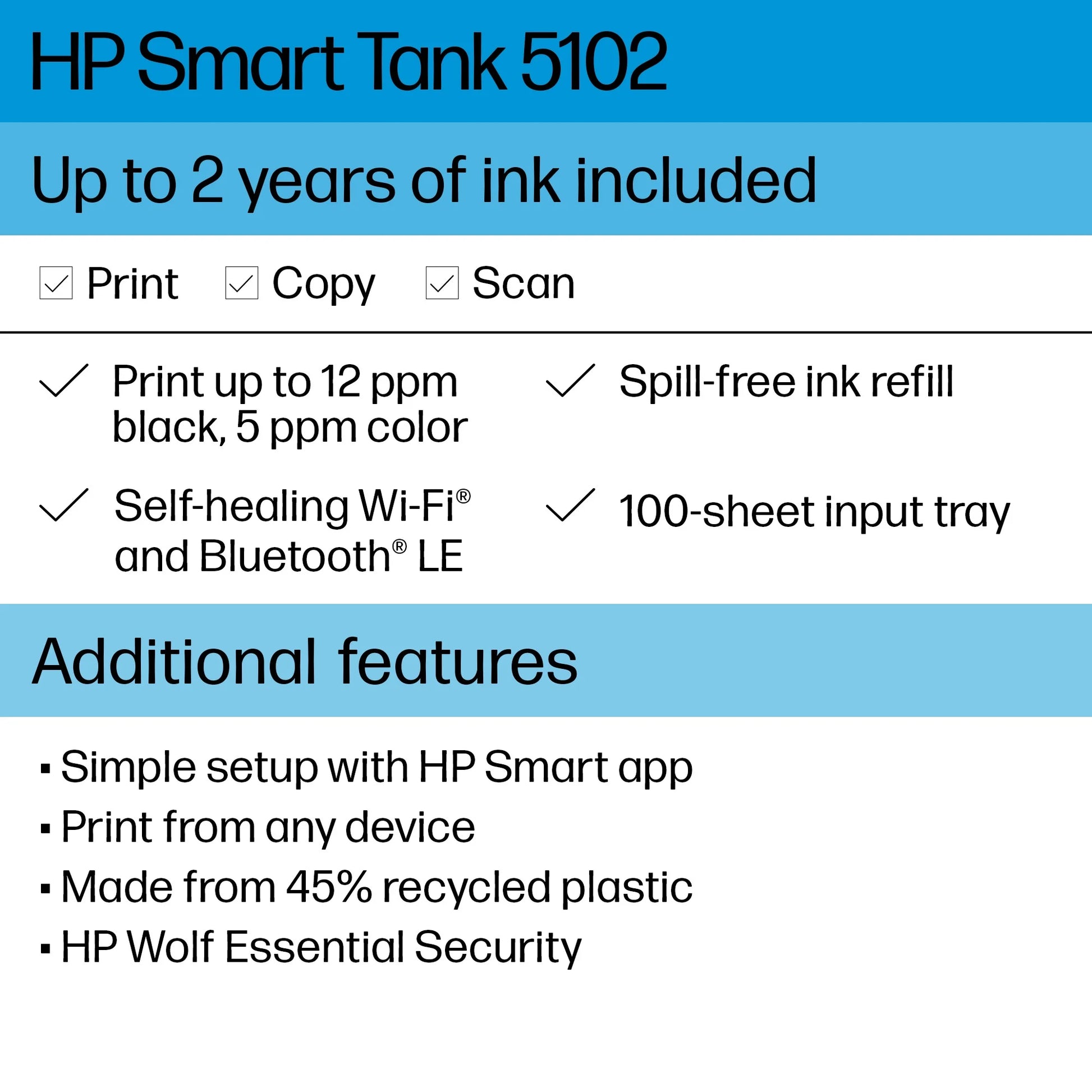 HP Smart Tank 5102 Wireless All-in-One Color Home Inkjet Tank Printer w/up to 2 Yrs of Ink Incl