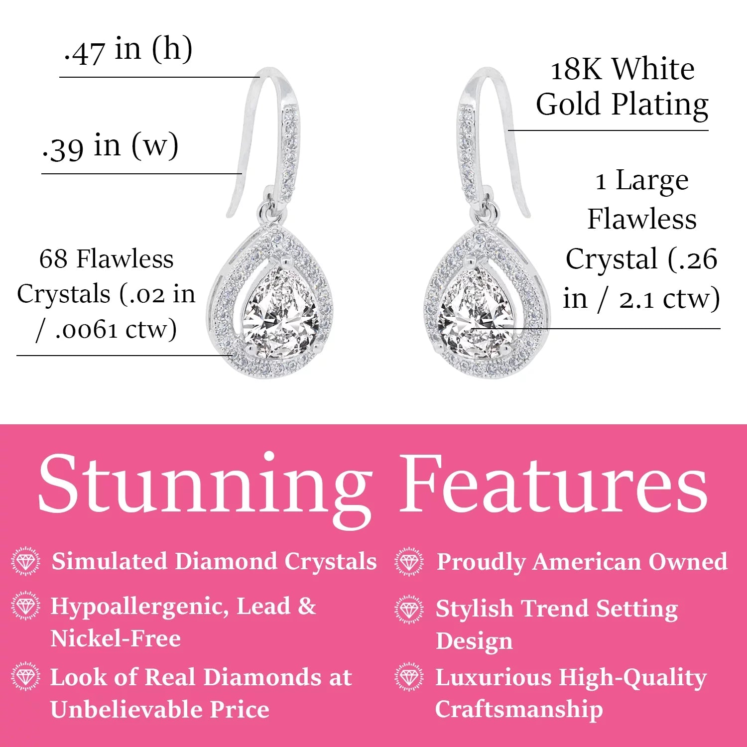 Cate & Chloe Isabel 18k White Gold Plated Silver Earrings | Women's Drop Dangle Teardrop Earrings with Simulated Diamond Crystal