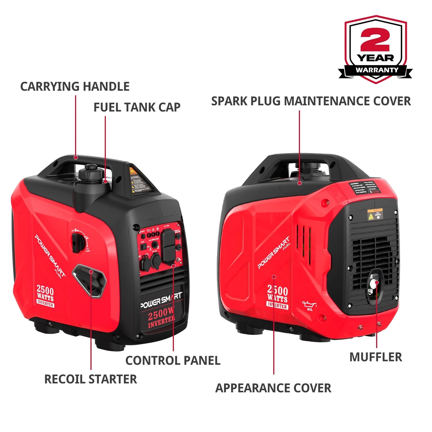 PowerSmart 2500W Portable Inverter Gas Generator,Super Quiet,Low Oil Shutdown,Ultra Lightweight for Camping