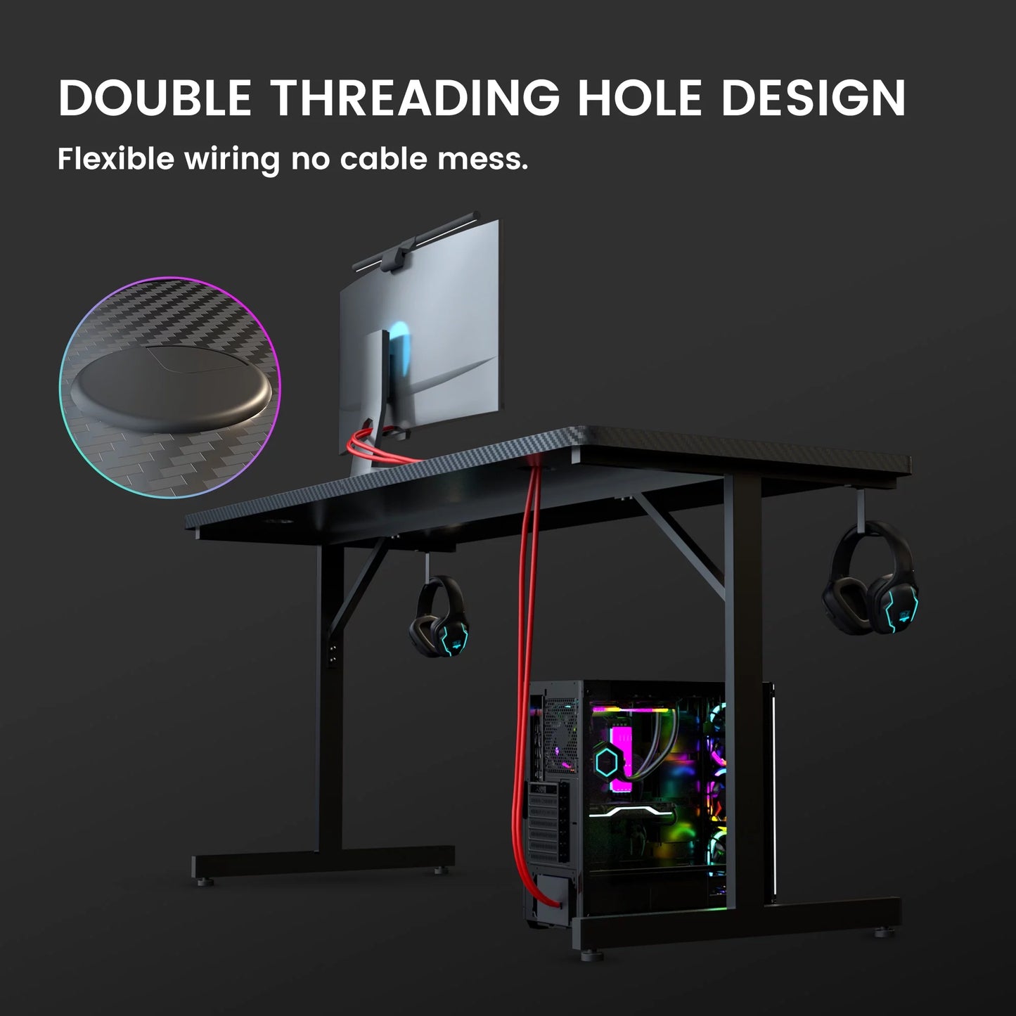 GTRACING 55" Large RGB Gaming Desk with Mouse Pad T-Shaped Office Chair Computer Desk Spacious Work Surface Table, Black