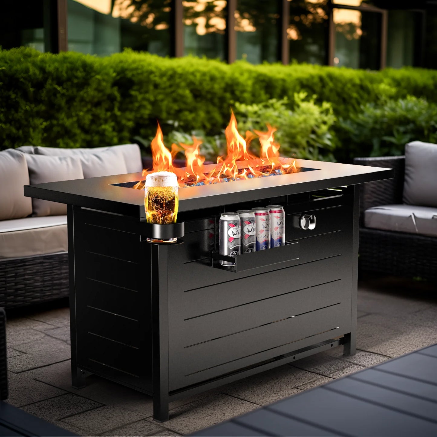 28 Inch Propane Fire Pits with Lid and Lava Rock, 50000 BTU Steel Gas Fire Pit Table for Outdoor