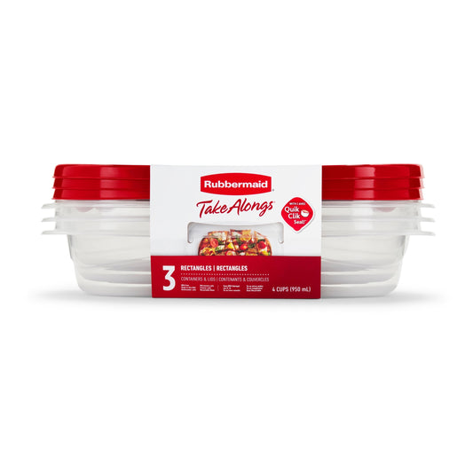 Rubbermaid TakeAlongs 4 Cup Rectangle Food Storage Containers, Set of 3, Red