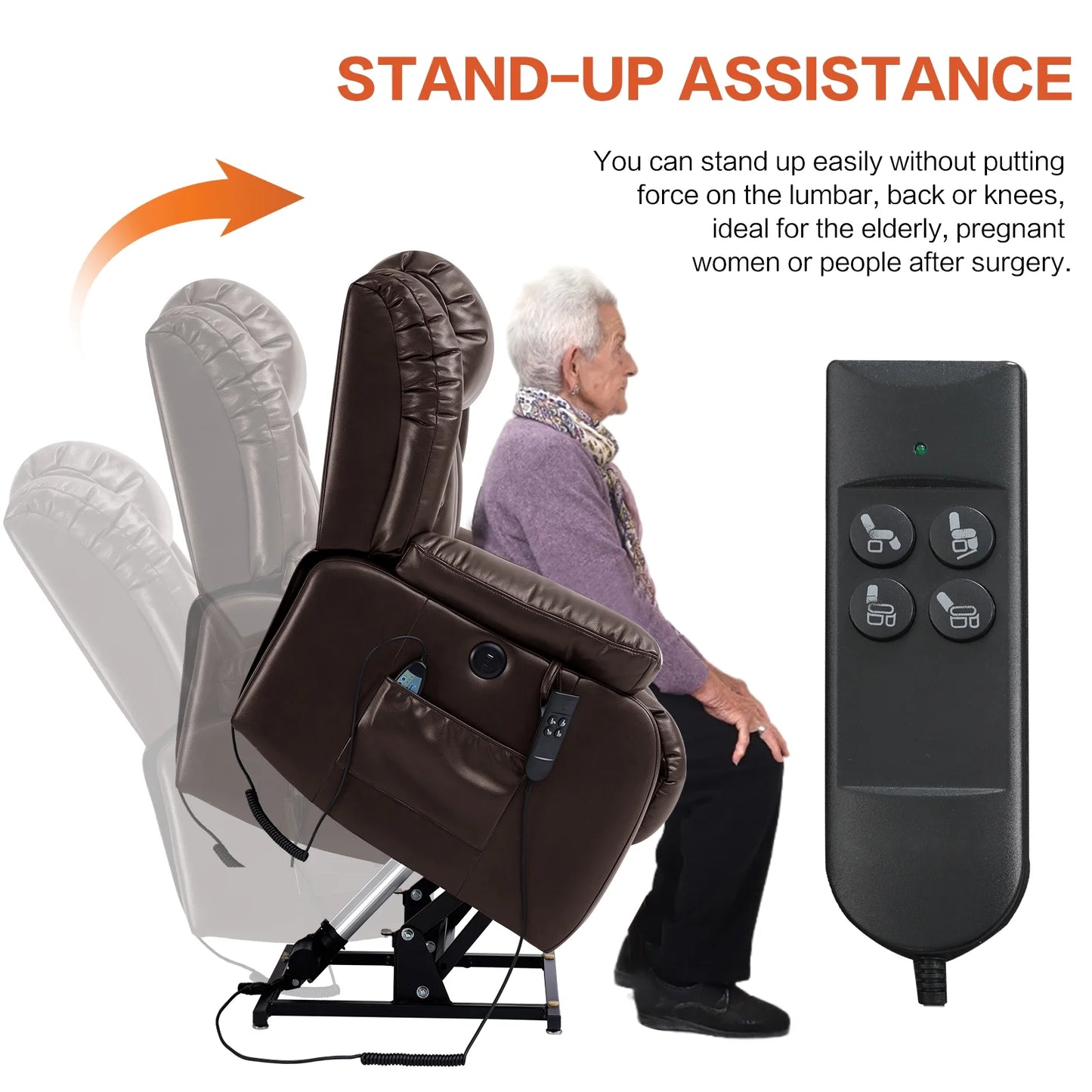 TEKAMON Infinite Position Lift Recliner Chair for Elderly with Heat and Massage Lay Flat Sleeping Leather Dual Motor Power Lift Chair for Living Room (Brown)