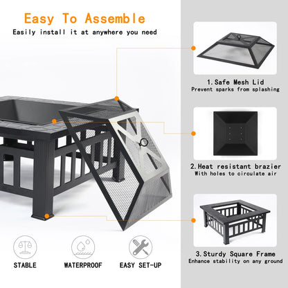 Fire Pits for Outside, 32" Wood Burning Fire Pit Tables with Screen Lid, Poker, BBQ Net, Ice Tray, Food Clip and Cover, Backyard Patio Garden Outdoor Fire Pit/Ice Pit/BBQ Fire Pit, Black