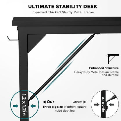 Small Computer Desk 31 Inch Writing Desk with Storage Bag Iron Hook Metal Frame for Home, Black