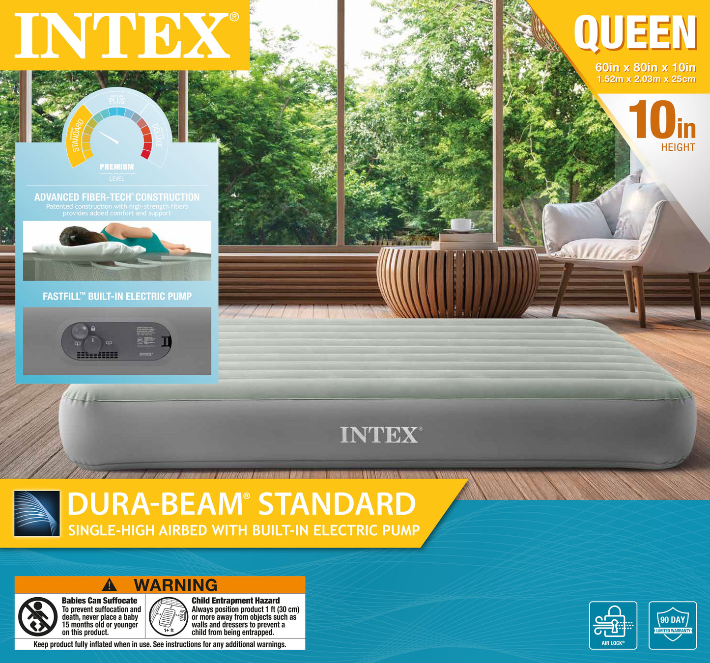 Intex 10" Queen Standard Dura-Beam Airbed Mattress with Built in Pump