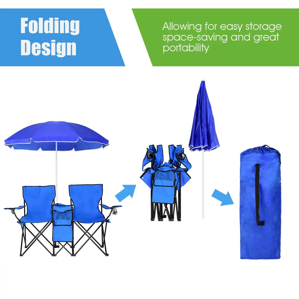 Costway Portable Folding Picnic Double Chair W/Umbrella Table Cooler Beach Camping Chair