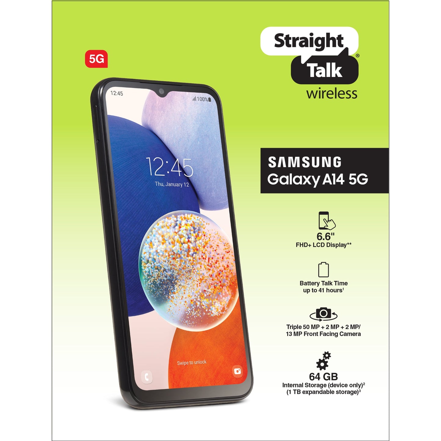 Straight Talk Samsung Galaxy A14, 64GB, Black - Prepaid Smartphone [Locked to Straight Talk]