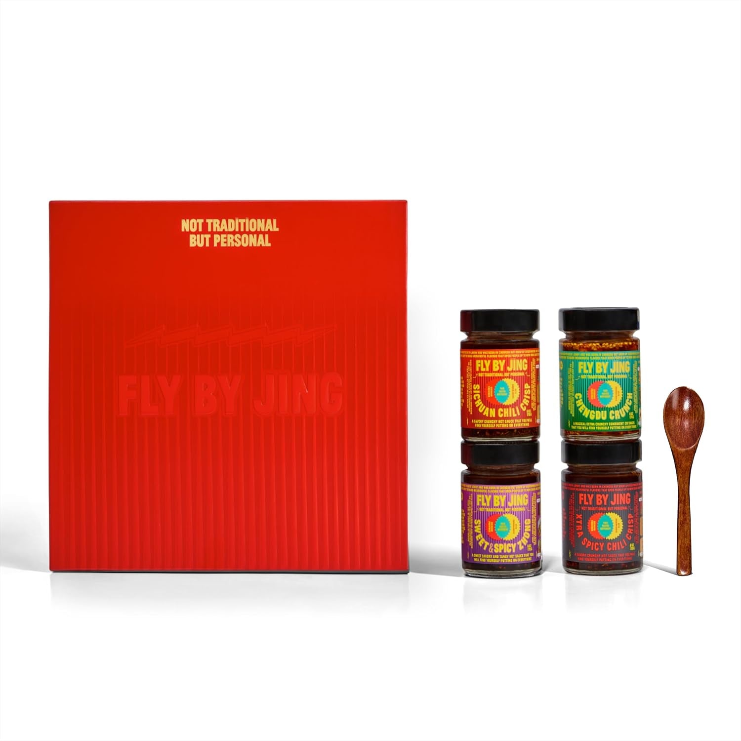 FLYBYJING Gift Set - Premium Branded Box Includes: Sichuan Chili Crisp, Spicy Sweet Chili Sauce, Extra Crunchy Chili Crisp, Xtra Spicy Chili Crisp & Sauce Spoon - Vegan - Perfect Gourmet Gift for Foodies - 6oz (4 Pack)