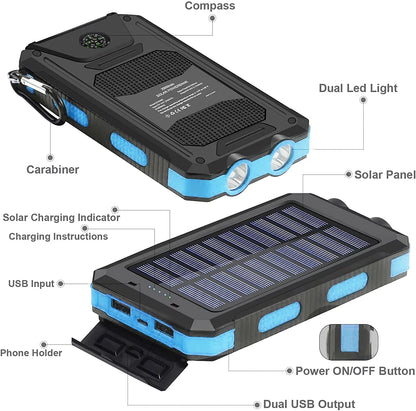 SOLPOWBEN 20000mAh Solar Charger for Cell Phone iPhone, Portable Solar Power Bank with Dual 5V USB Ports, 2 LED Light Flashlight, Compass Battery Pack for Outdoor Camping Hiking (Blue)