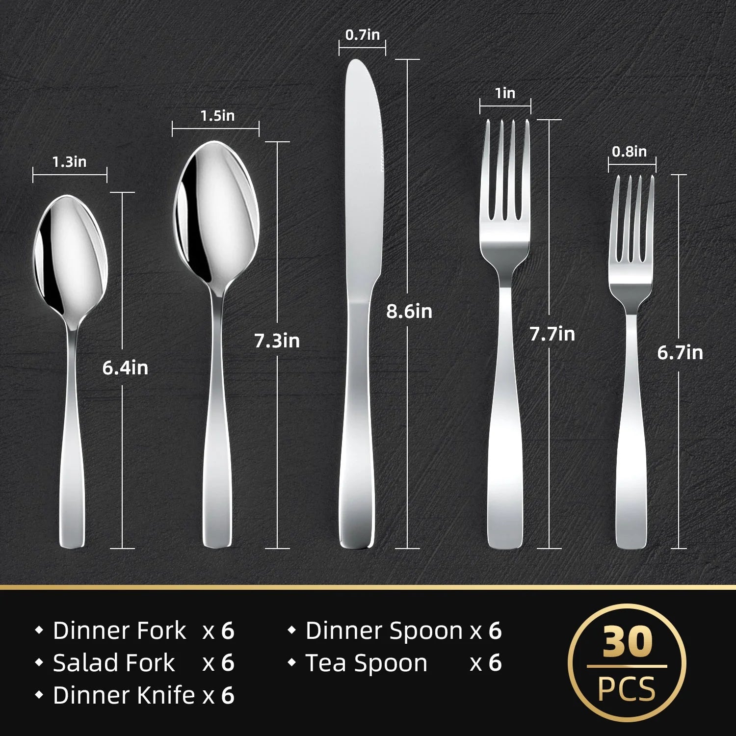 30 Piece Silverware Set for 6, TINANA Stainless Steel Flatware Set,Mirror Polished Cutlery Utensil Set,Durable Home Kitchen Eating Tableware Set, Fork Knife Spoon Set,Dishwasher Safe