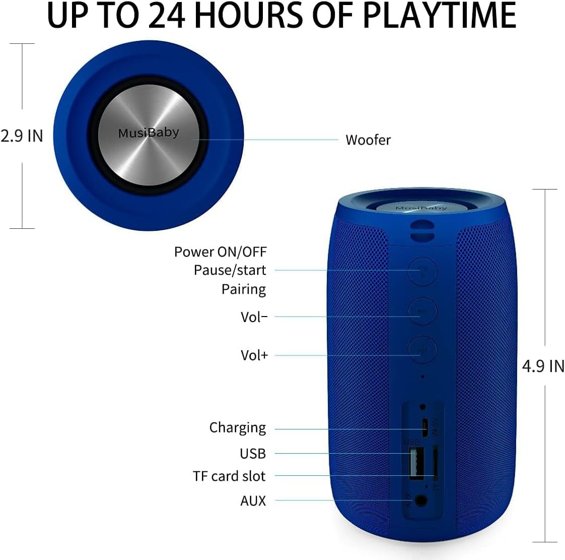 Bluetooth Speaker,MusiBaby Wireless,Waterproof,Outdoor,Portable Speaker,Dual Pairing,Loud Stereo,Booming Bass,24H Playtime Wireless Speaker for Home,iPhone,Party,Gifts(Blue)