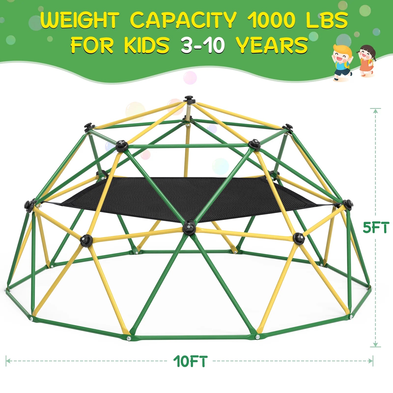 GIKPAL Climbing Dome, 10FT Dome Climber with Hammock for Kids Outdoor Play Equipment, Supports up to 1000lbs Jungle Gym, Anti-Rust, Easy Assembly,Yellow+Green