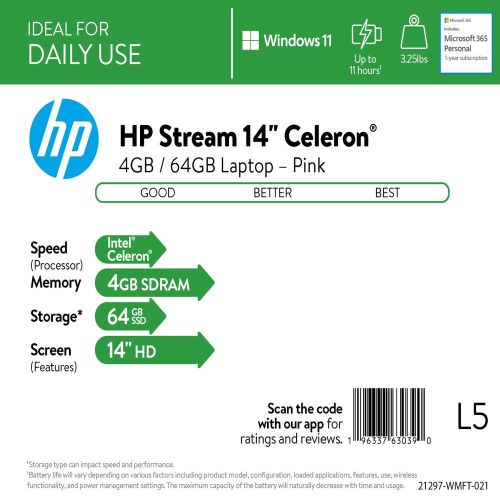 HP Stream 14" Laptop, Intel Celeron N4020 Processor, 4GB RAM, 64GB eMMC, Pink, Windows 11 (S mode) with Office 365 1-yr, 14-cf2112wm