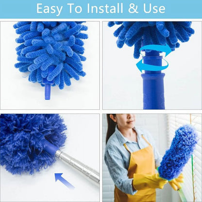 Microfibre Duster for High Ceilings, Duster for Cleaning Fan Cobweb, 100" Telescopic Extension Pole Kit, Reusable Duster, Washable Lightweight Duster for Ceiling Fan Webs, Blinds