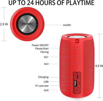 Bluetooth Speaker,MusiBaby Wireless,Outdoor, Waterproof,Portable Speaker,Dual Pairing, Bluetooth 5.0,Loud Stereo,Booming Bass,24H Playtime for Home&Party,Gifts(Pure Red)